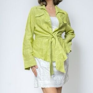 90s Jones NY Lime Green Button-Up Tie-Front Shirt Blouse Linen Resortwear L